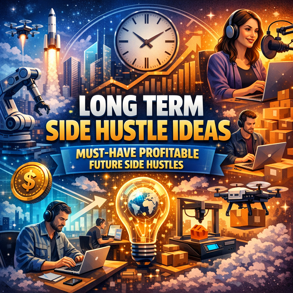 Illustration of Long Term Side Hustle Ideas: Must-Have, Profitable Future Side Hustles